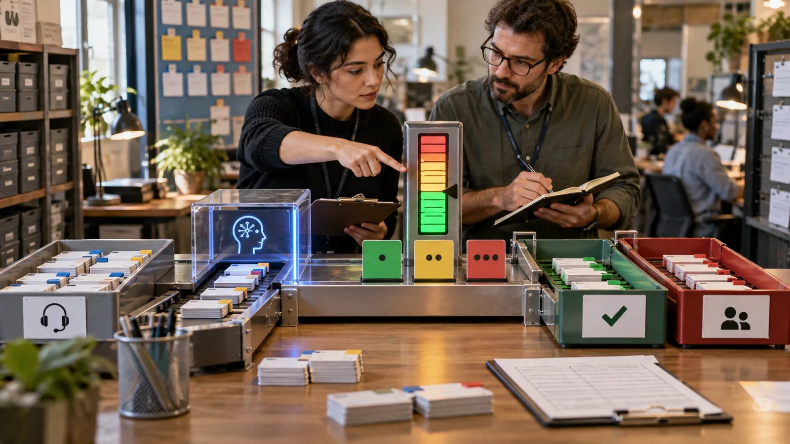 Two support operations specialists review an allowance meter while automated case cards separate into resolved and human-handoff trays.