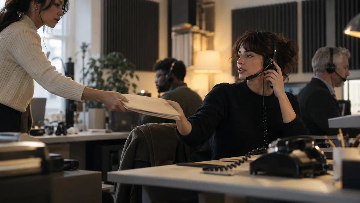 Support agents using headsets while a colleague hands over a case file during a voice-service workflow.