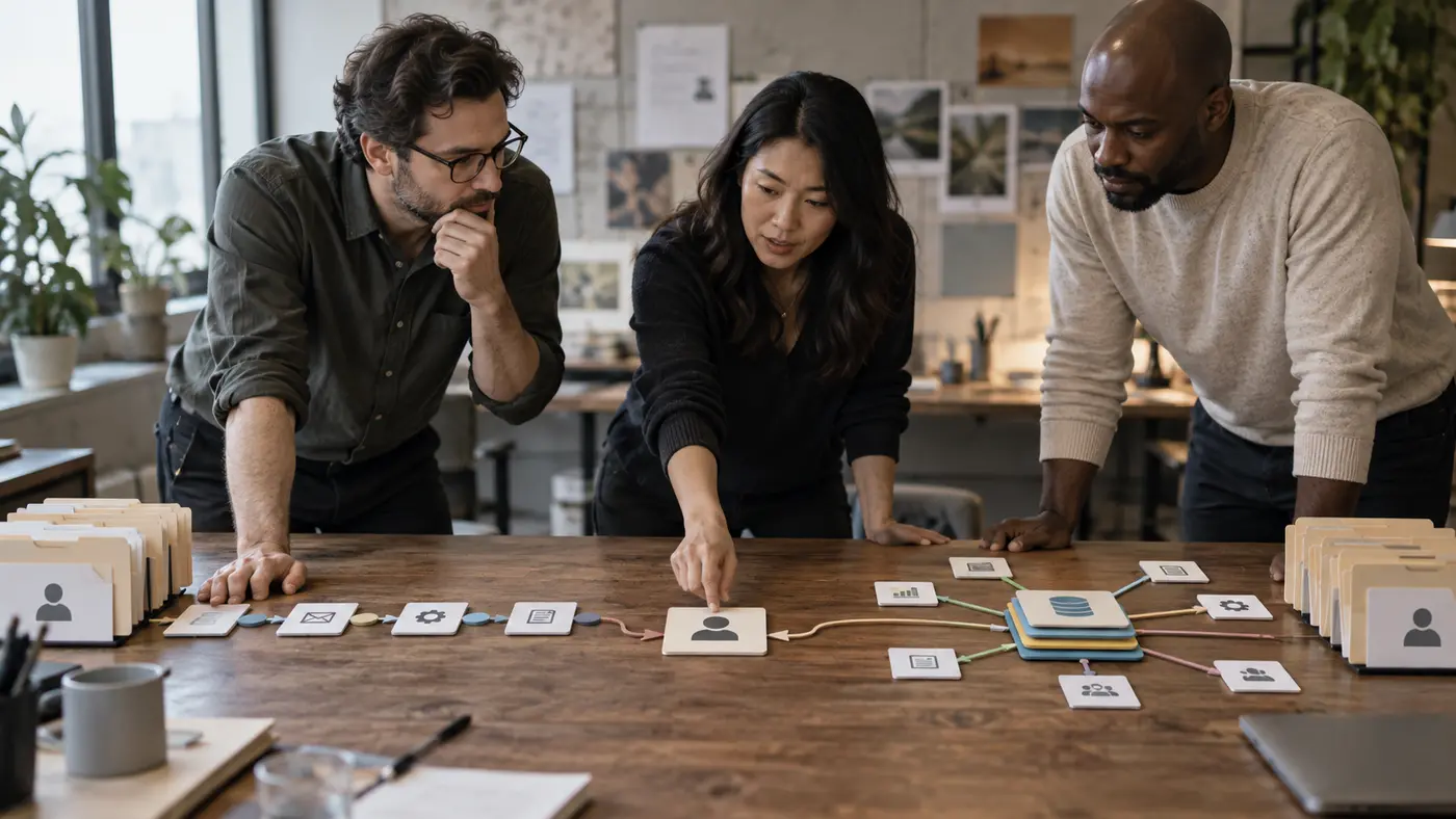 Operations architects comparing point-to-point connections with a governed shared customer model.
