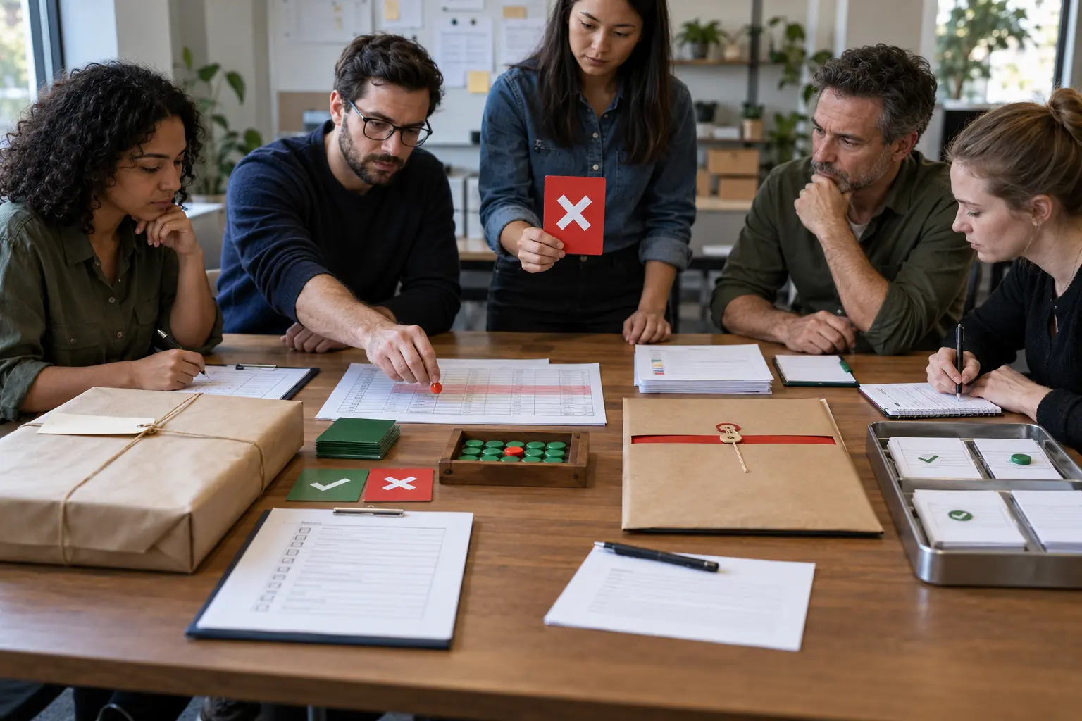 Lifecycle operations staff rehearse a scheduled customer-program release, exception stop and correction path using physical control cards.