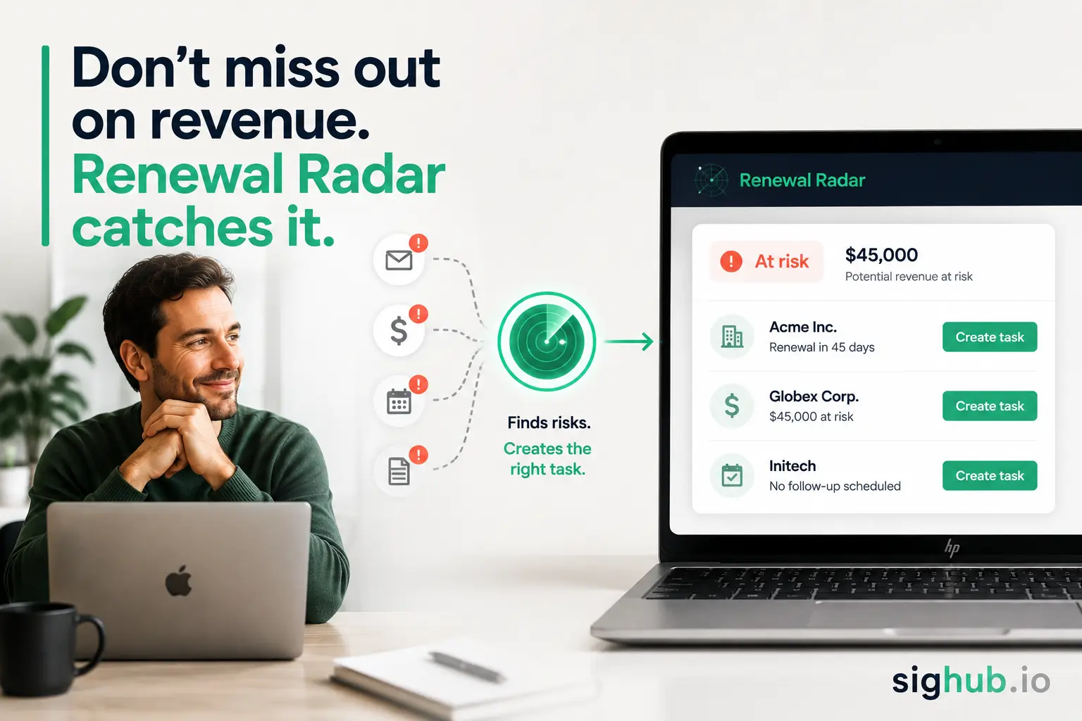 Renewal Radar advertisement showing renewal risks routed into clear follow-up tasks