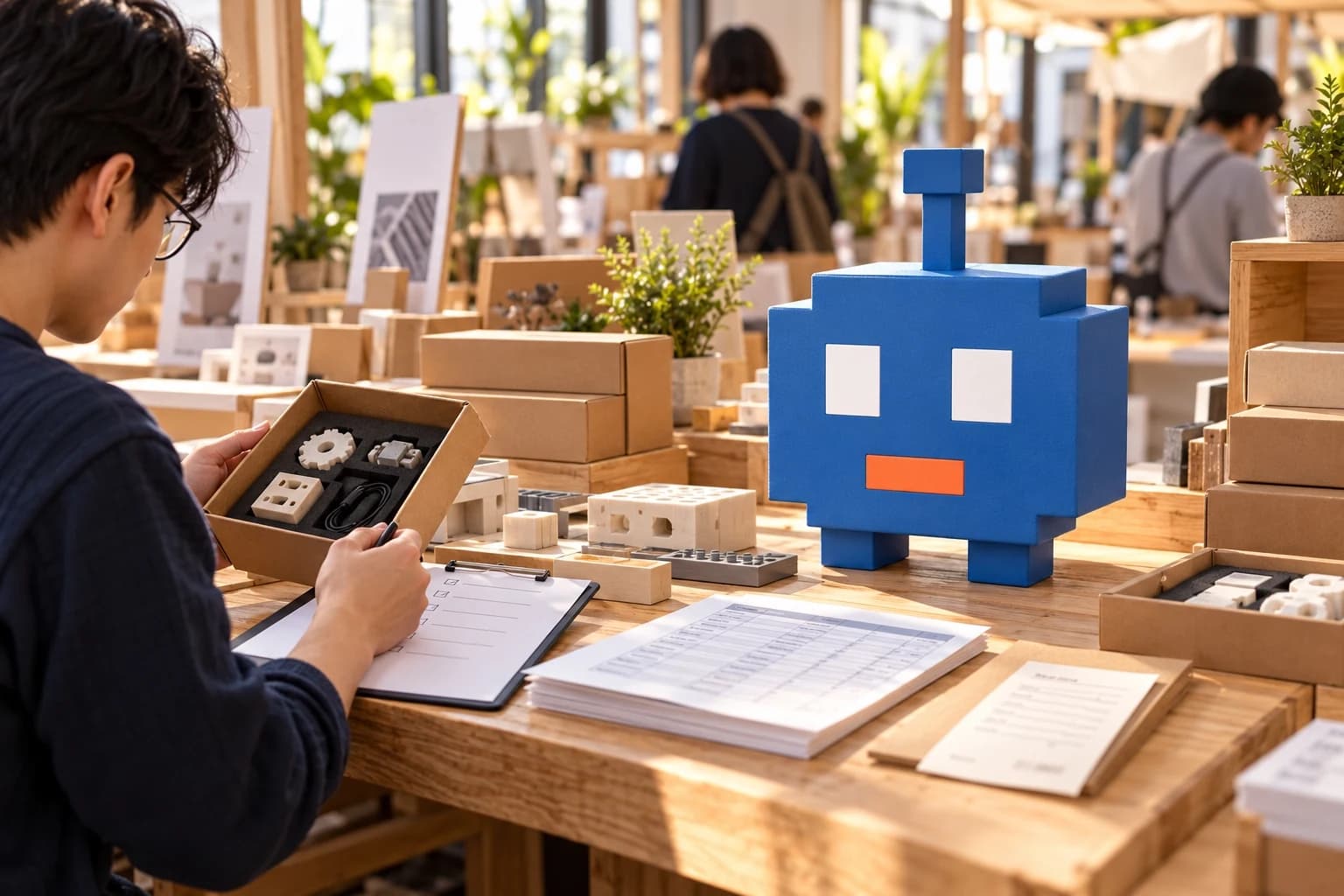 An operator examines a boxed workflow kit and a checklist at an indoor makers market beside a blue block-shaped Speedbot character with two white square eyes and an orange bar.