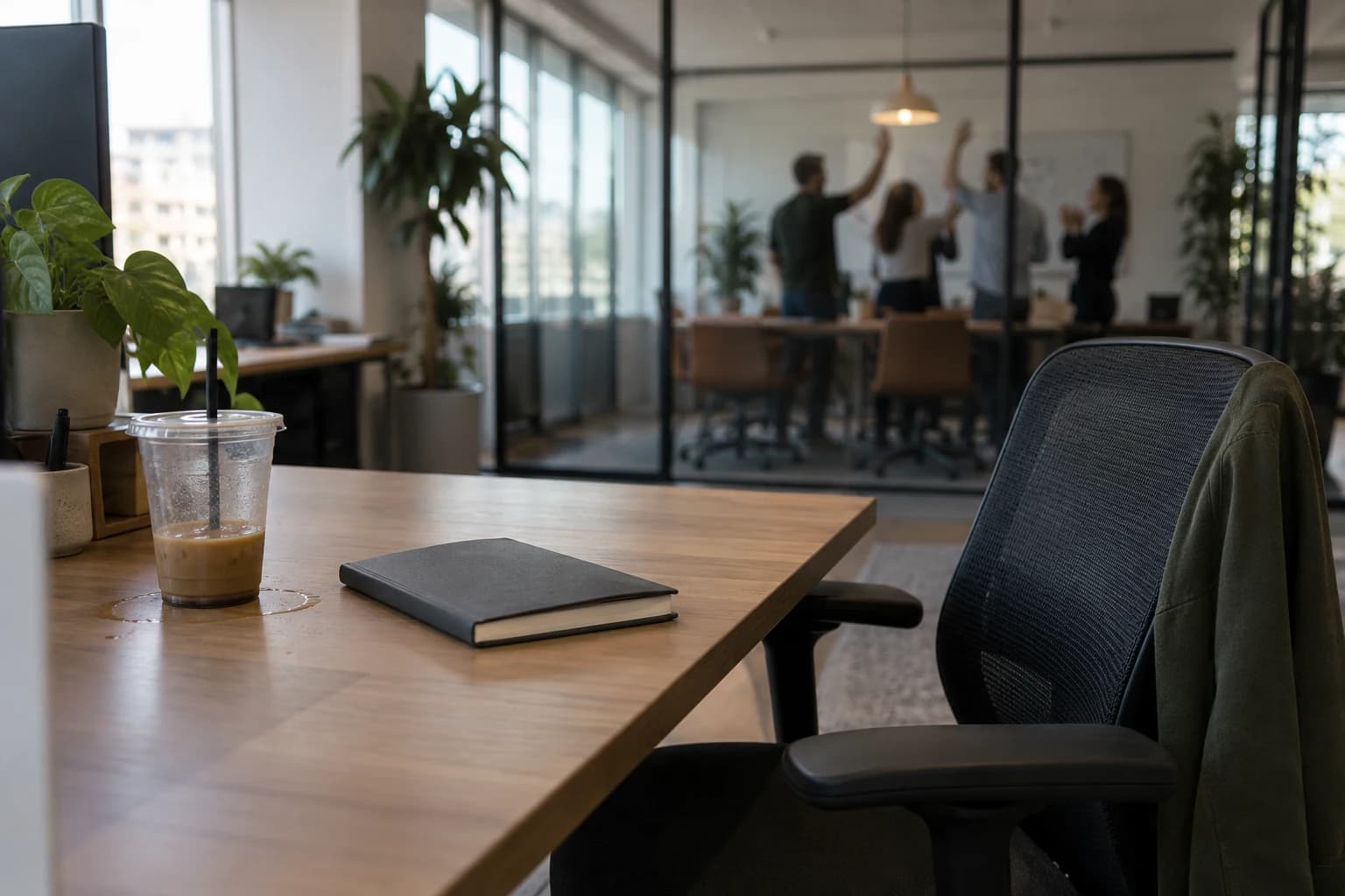 An unattended customer-success desk while an anonymous team celebrates in another room