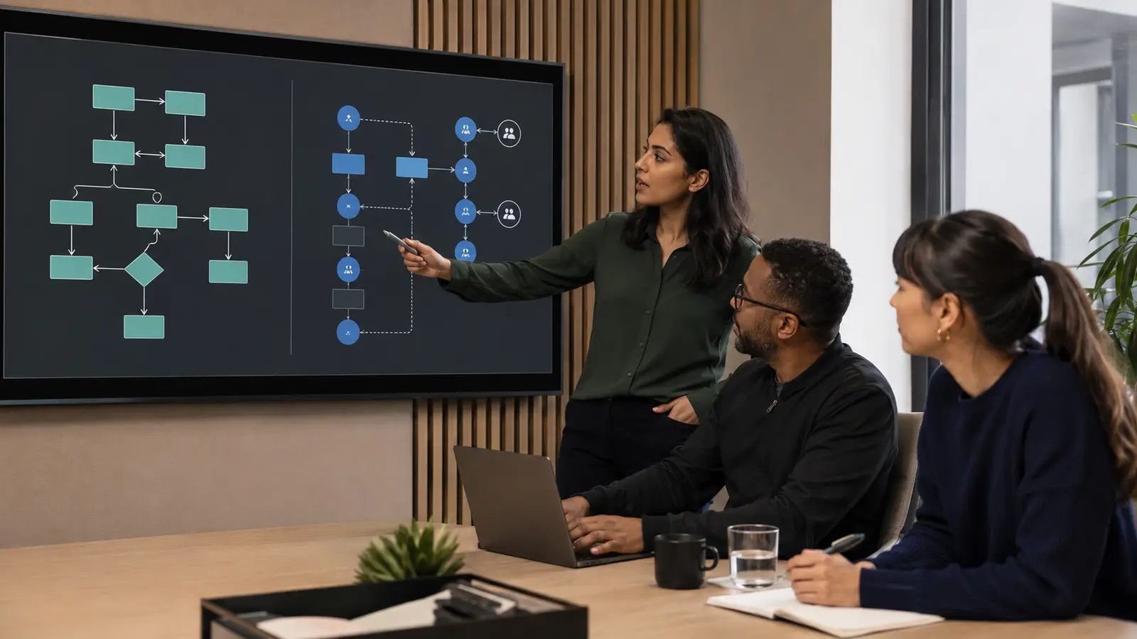 Three RevOps professionals reviewing a split workflow that separates fixed rules from agent judgment