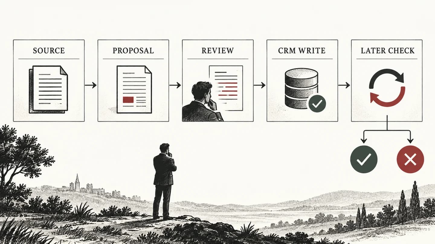 Five observations from source and proposal through human review, CRM write and a later correctness check
