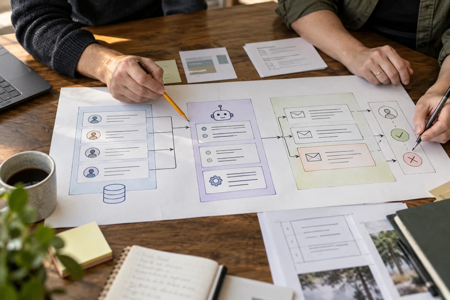 Two operators review a tabletop workflow map linking prospect source records to an agent instruction stage, outbound drafts and an approval decision.