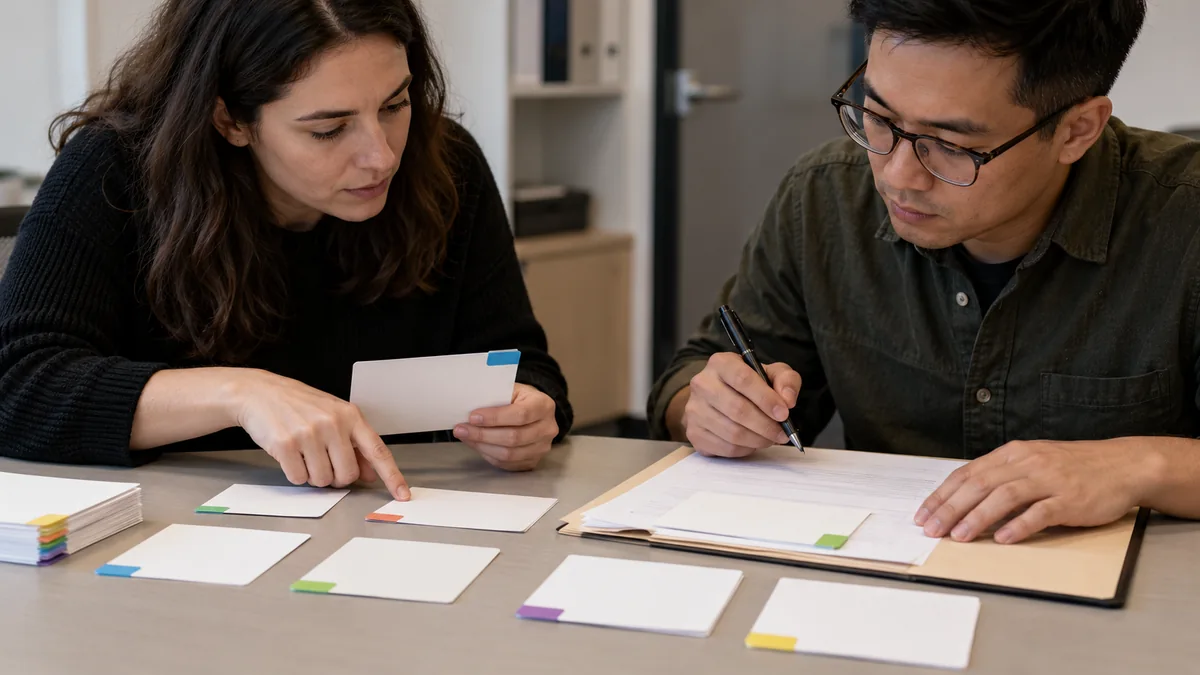 Two sales operations colleagues checking source-tabbed contact cards against an account record before an update.