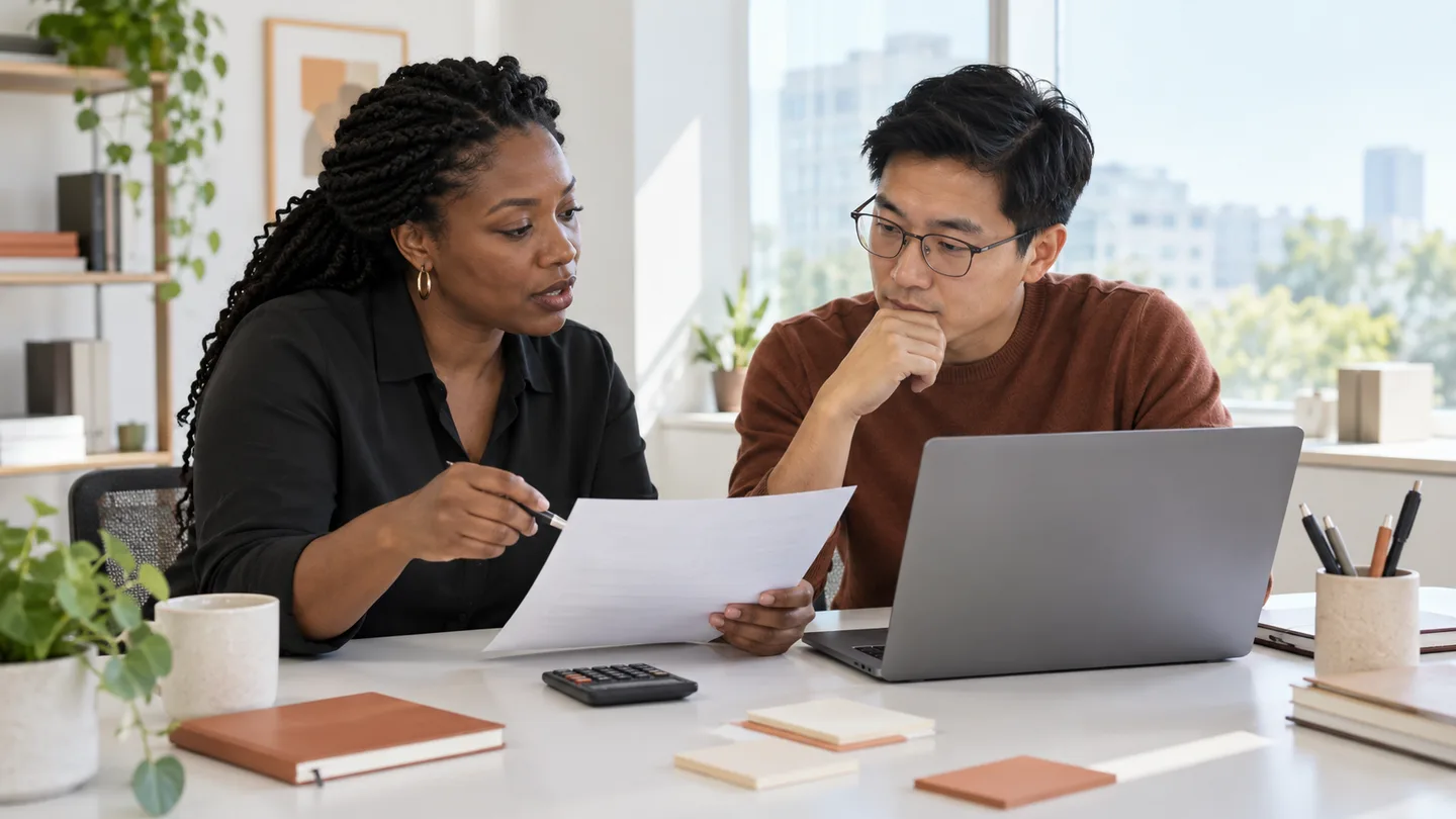 Editorial illustration of two operations colleagues reviewing a software budget.