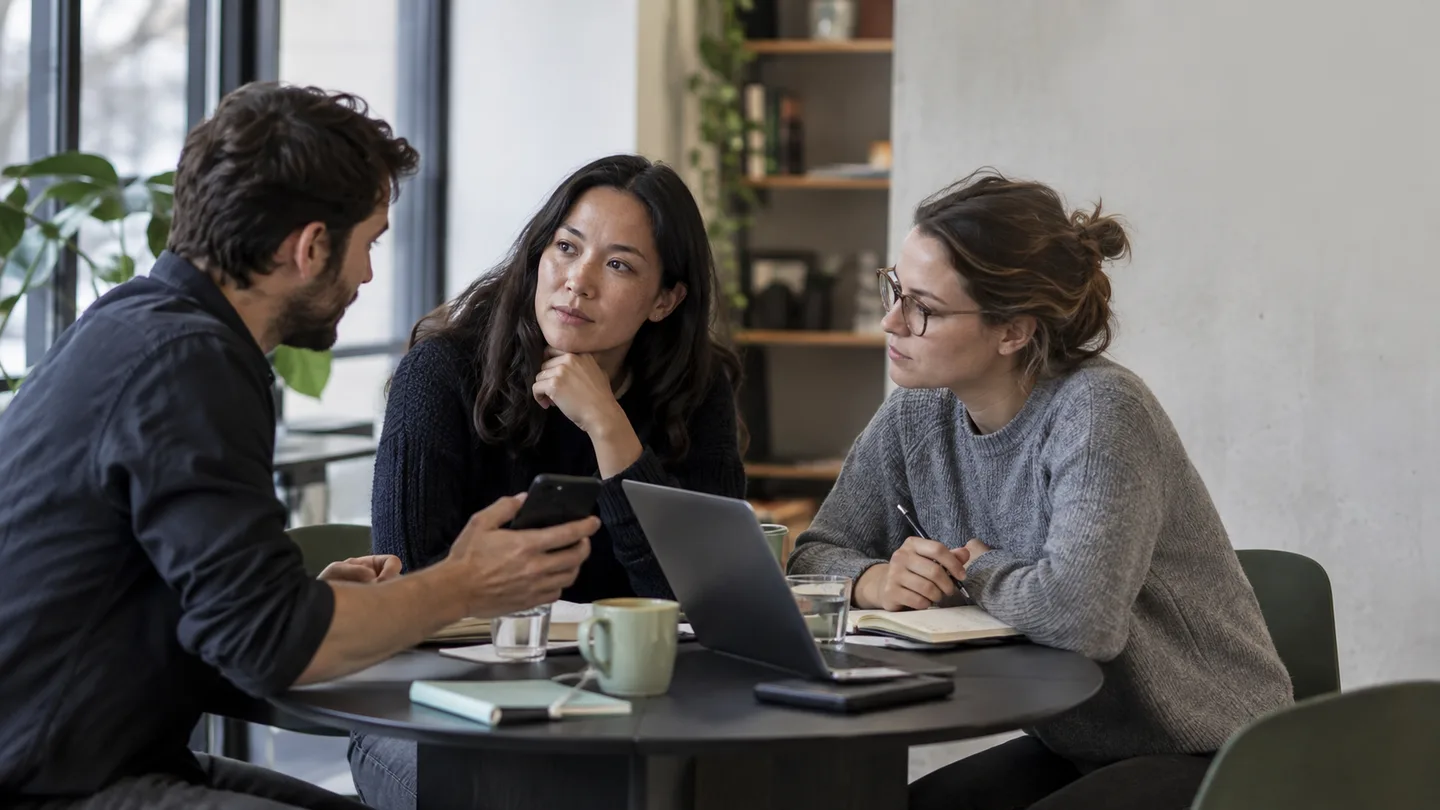 Editorial illustration of a lifecycle team discussing work around a table.