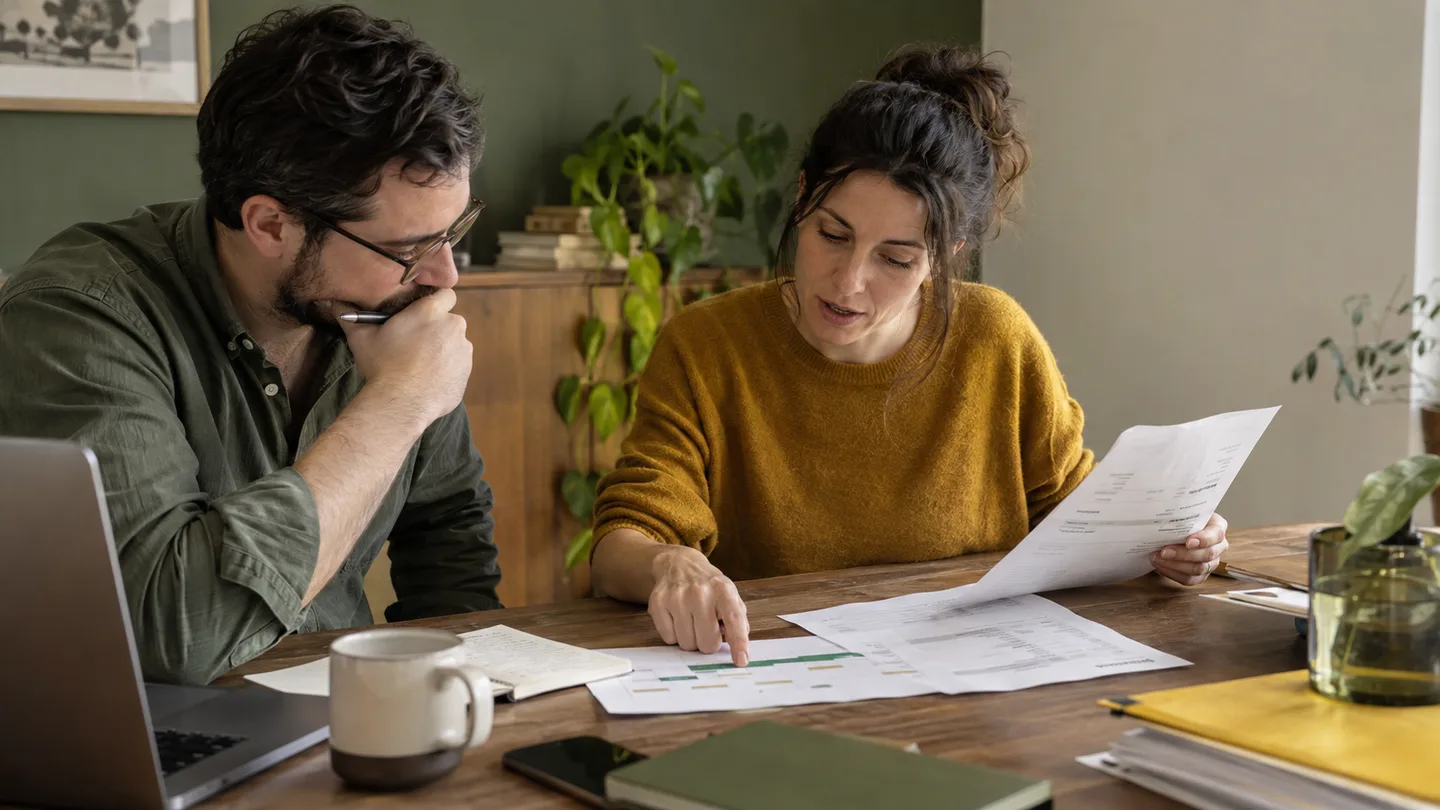 Editorial illustration of product and finance colleagues comparing usage records and an invoice.