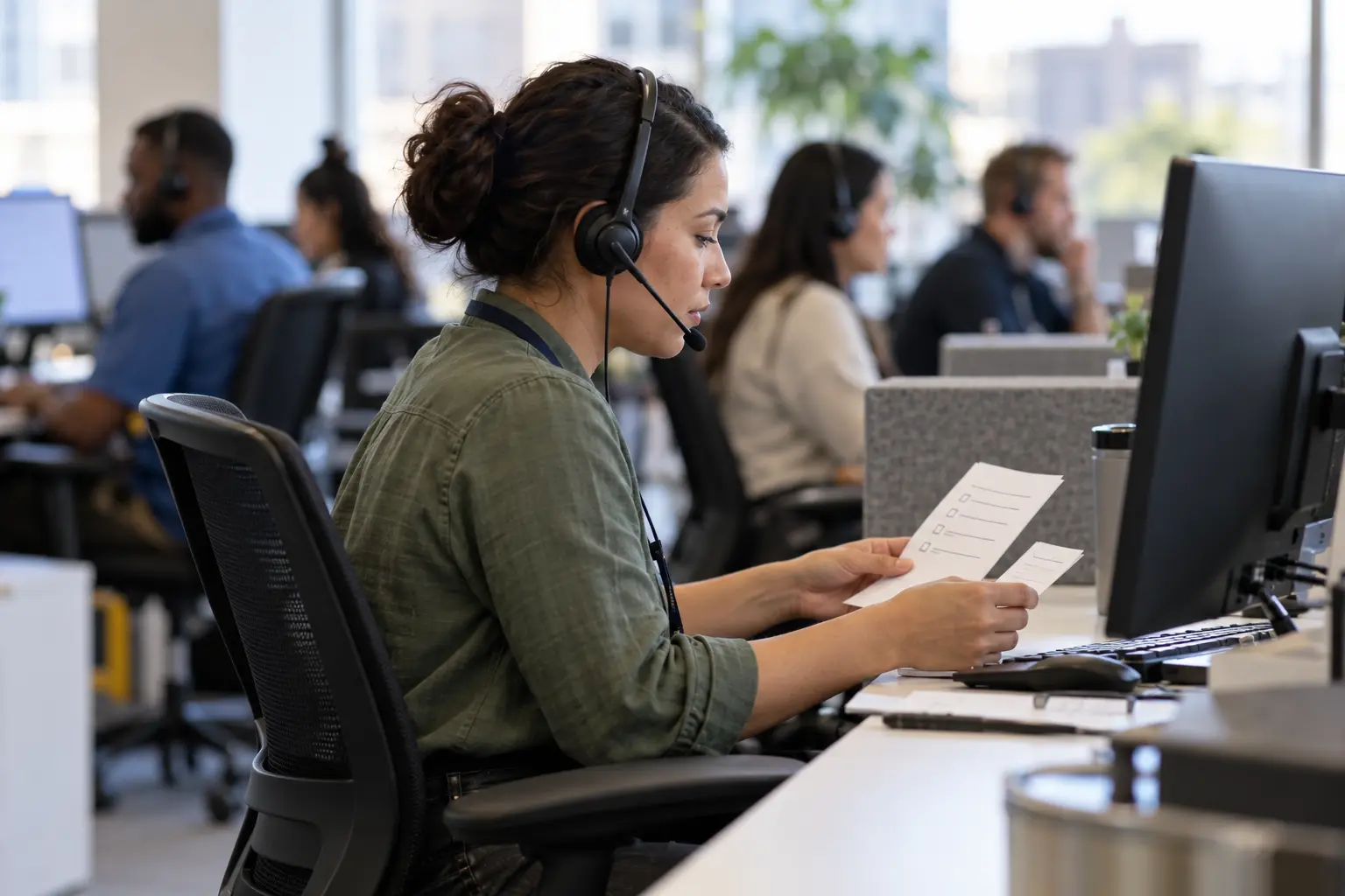 A support operations specialist in a headset reviews a printed escalation checklist at a workstation in a customer support office.