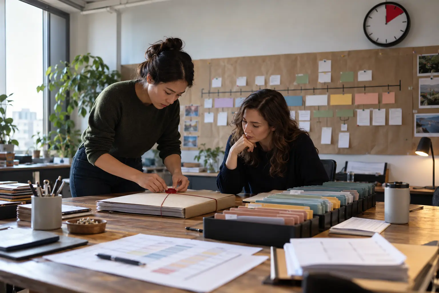 Customer-success operations specialists review a physical campaign timeline and sealed program packet before a scheduled release.