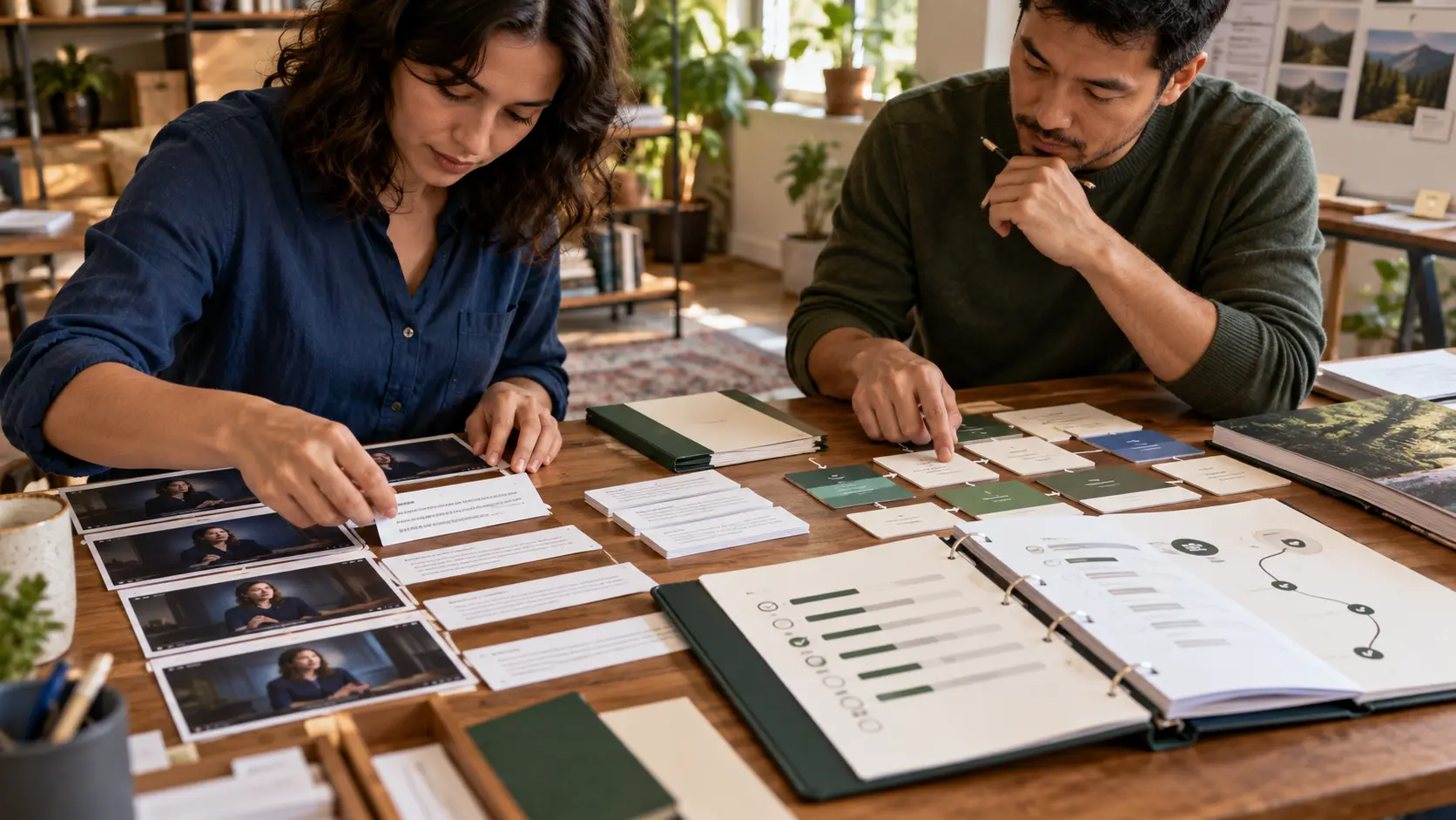 Two customer-education operators align printed video transcript strips with lesson cards and a learner-progress path map on a training operations table.