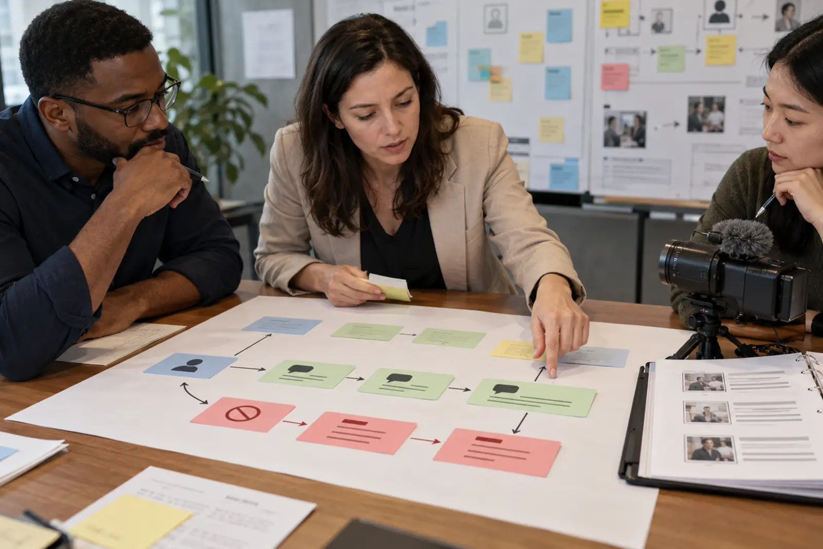 Three lifecycle operations specialists review physical trigger, conversation and opt-out cards beside a camera and a bound transcript.