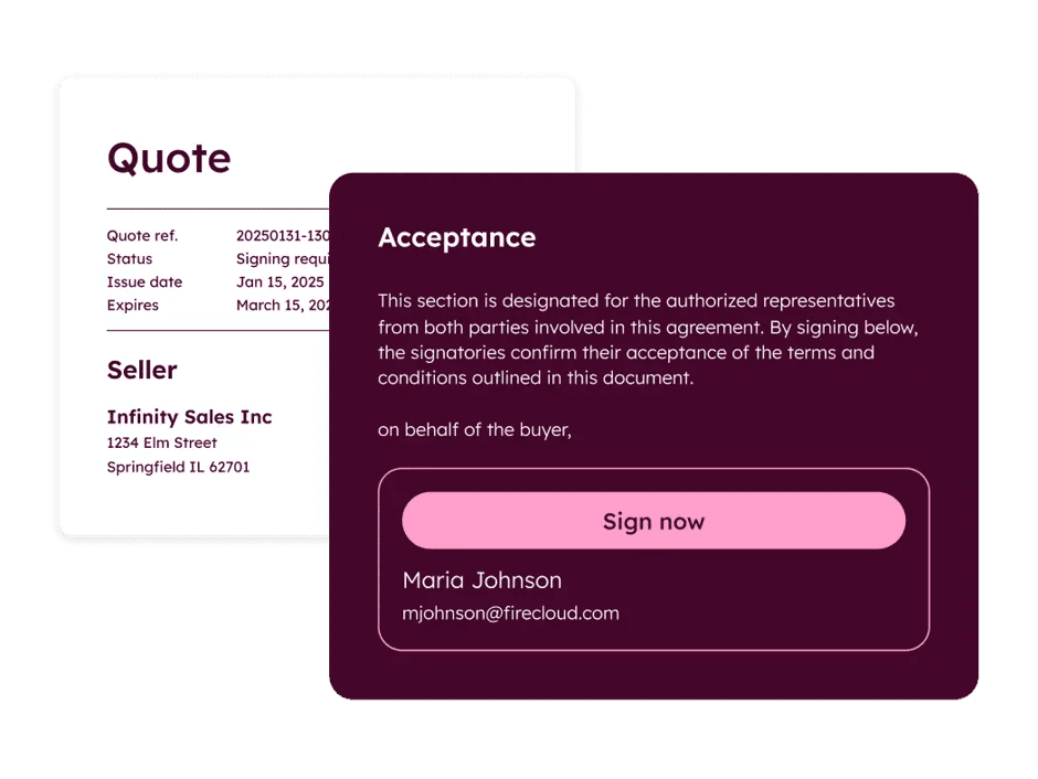 Official HubSpot Revenue Hub product view showing a quote and acceptance interface