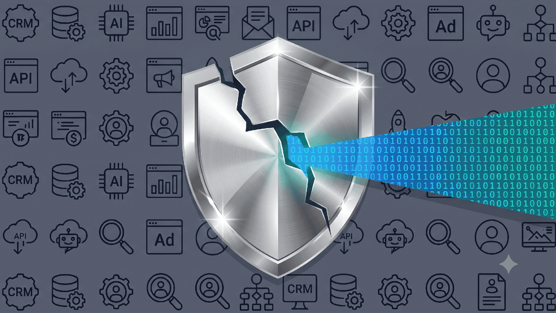 MarTech source artwork showing CRM, AI, API, advertising, and data-system icons behind a broken security shield leaking binary data