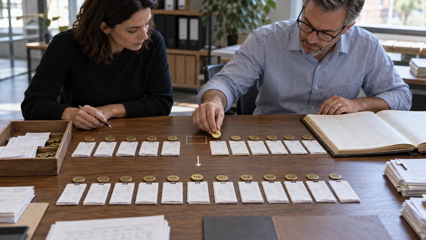 Two finance operations colleagues restore one numbered payment token to a visible gap in an ordered prepayment sequence beside ledgers and exception slips.