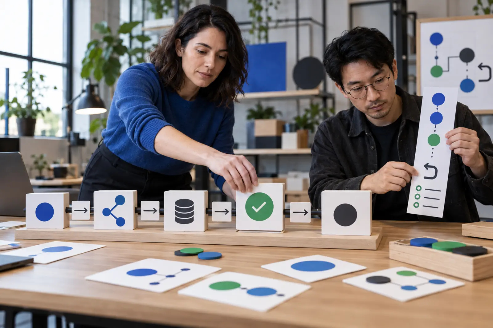 Two workflow builders arrange connected action blocks beside an abstract audit-event strip at a workshop table.
