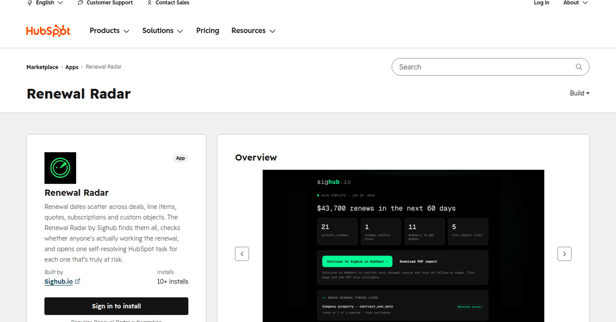 Screenshot of the official HubSpot App Marketplace listing for Renewal Radar by Sighub.io