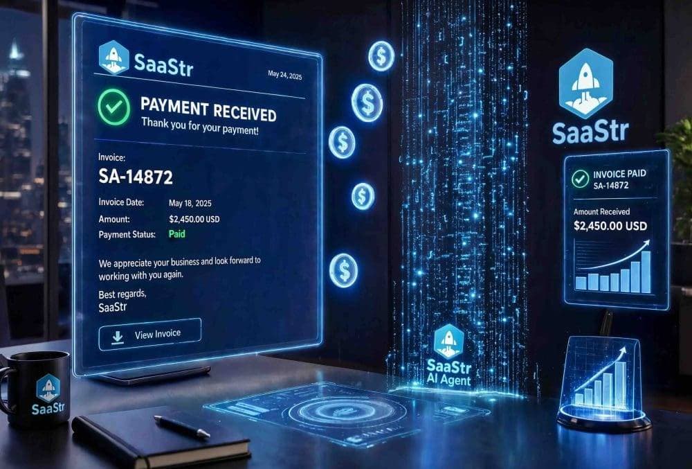 SaaStr source artwork for its first-party AI agent workflow spanning signed contracts, Salesforce, invoicing, and collections