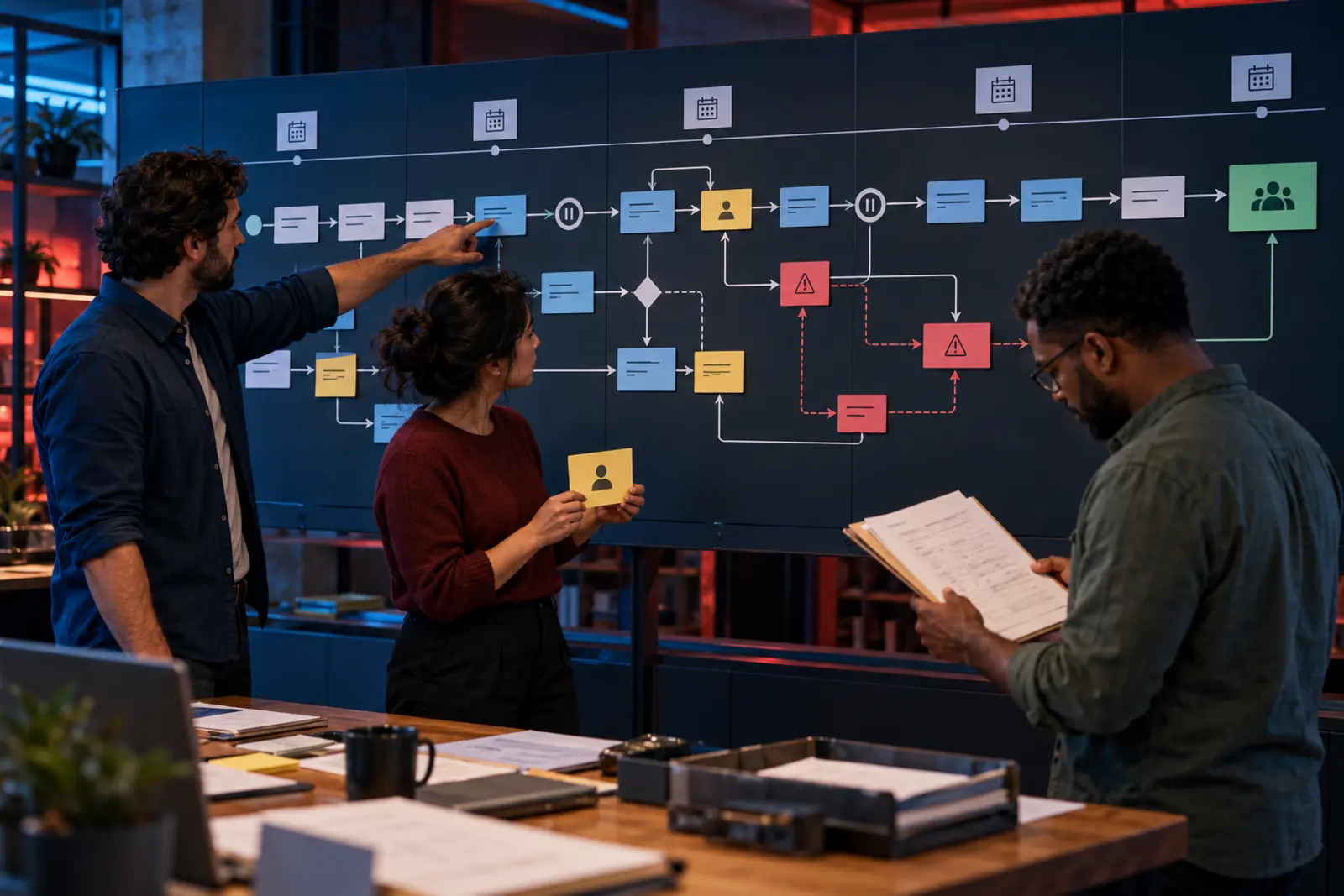 Three operations professionals review a multi-day physical workflow with calendar checkpoints, approval gates, failure branches and a final customer-record handoff.