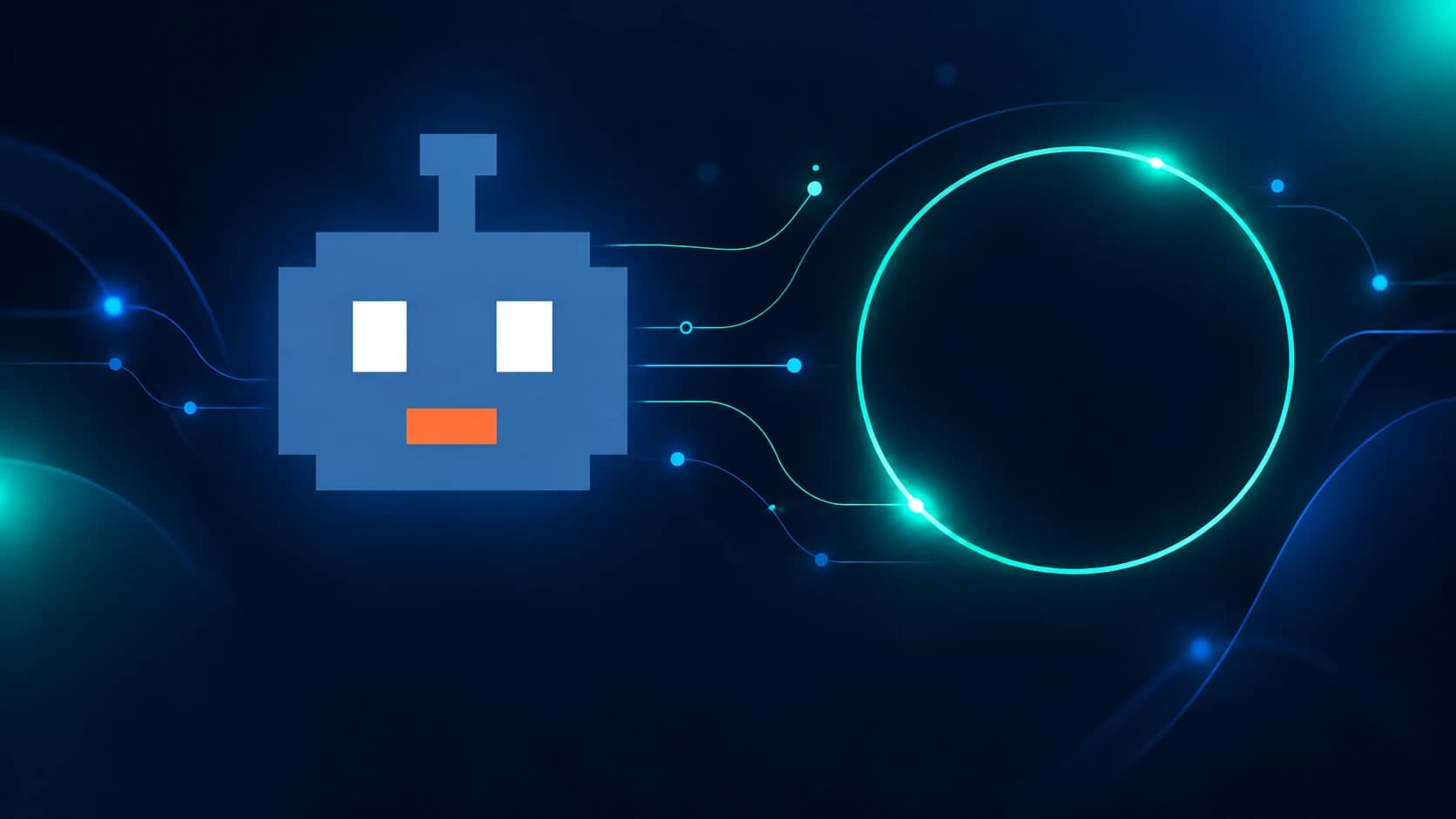 The blue Speedbot pixel robot connected to a glowing turquoise circle on a dark background.