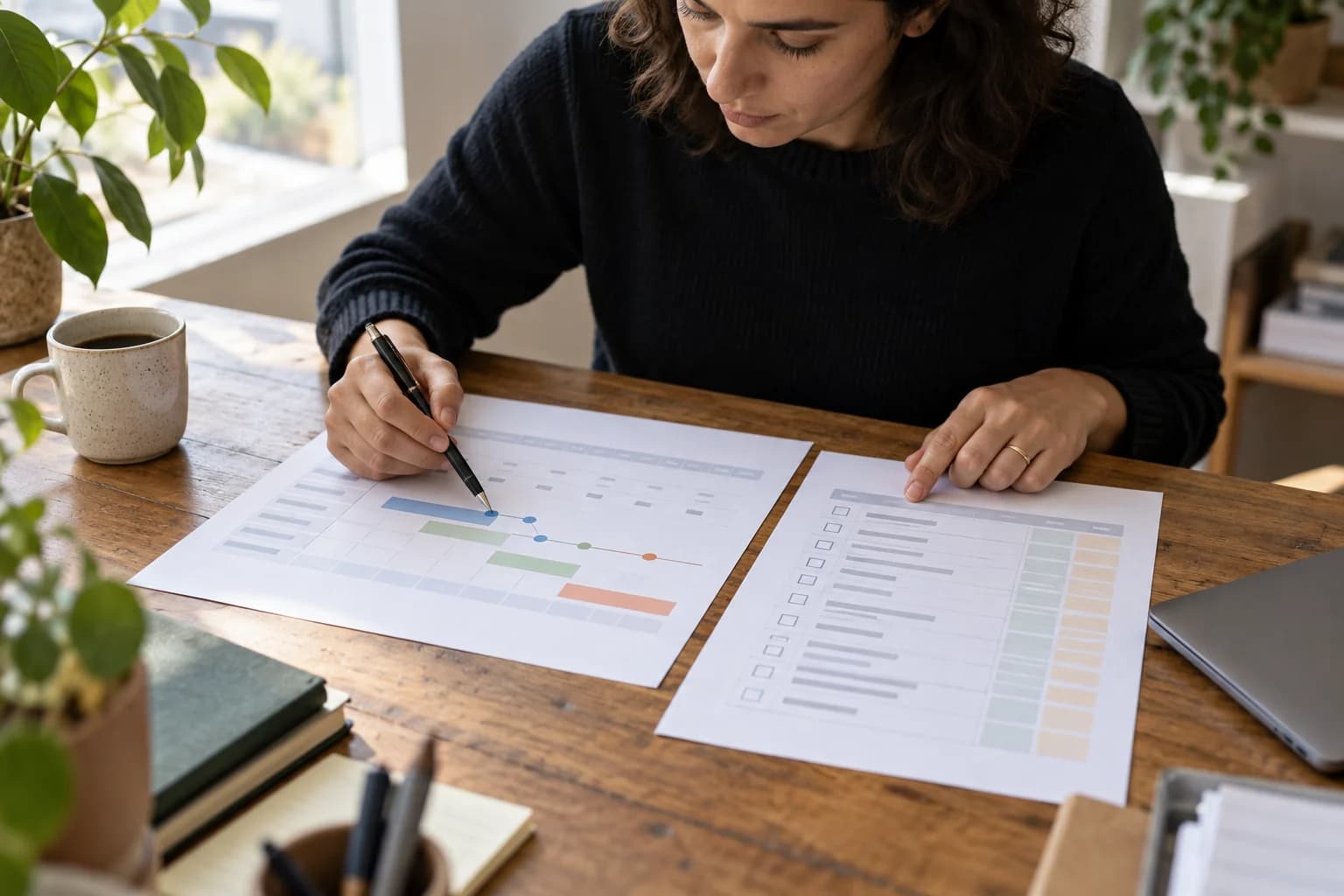 A billing operator marks a point on a printed trial-to-renewal timeline beside a checklist at a worktable.