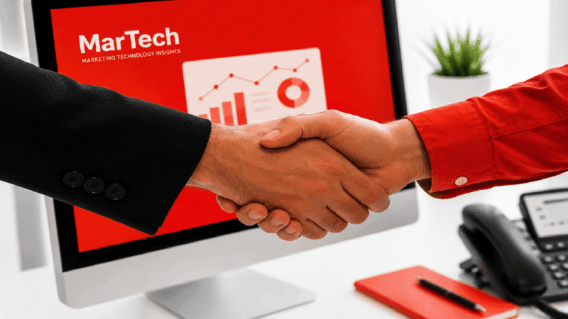 MarTech source artwork showing a handshake in front of a computer screen for its relationship-led marketing measurement article
